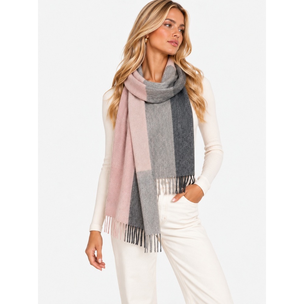 Brooks Brothers Black Fleece 100% Cashmere Scarf Pink Grey Made in Italy Fringed